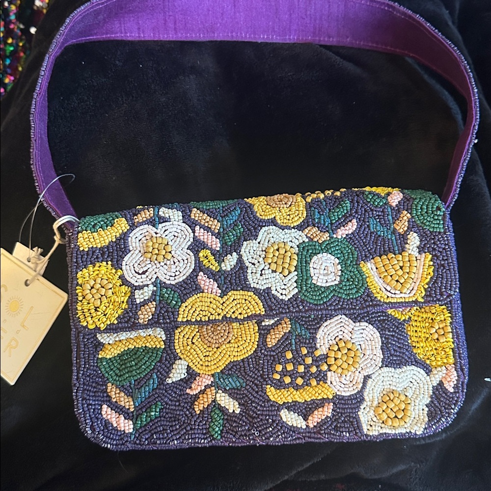 Elegant Floral Beaded Shoulder Bag - yellow purple and white